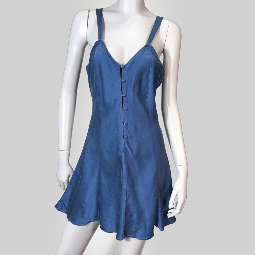VTG 90s Y2K 100% Silk Slip Dress Womens M Button Front V-Neck Mini Flare